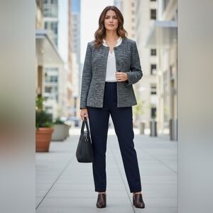 J. Jill Women's Black/Grey Tweed Collarless Wool Blend Blazer Size Large Petite